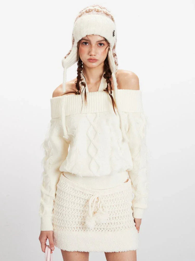 Grey cable knit cropped sweater with button front and off-the-shoulder neckline