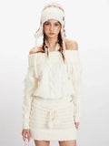 Grey cable knit cropped sweater with button front and off-the-shoulder neckline