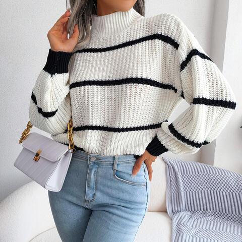 Striped Mock Neck Lantern Sleeve Sweater - WEUXS