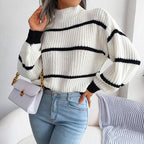 Striped Mock Neck Lantern Sleeve Sweater - WEUXS
