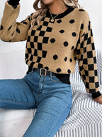 Gray polka dot and checkerboard knit sweater with crew neck and lantern sleeves. - View 14 | WEUXS