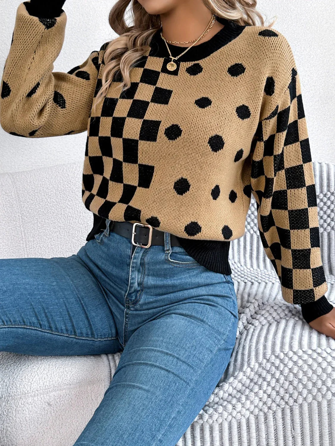 Gray polka dot and checkerboard knit sweater with crew neck and lantern sleeves. - View 14 | WEUXS