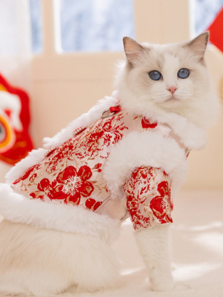 Red Peony Brocade Tang Suit Pet Coat with Fur Collar - View 6 | WEUXS