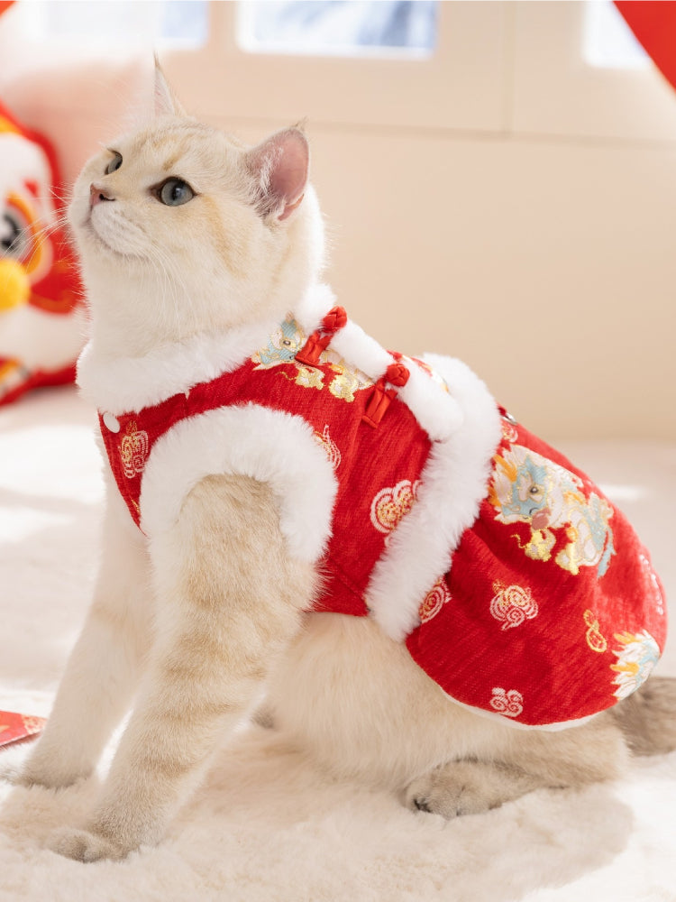 Cat sitting up wearing a red festive vest dress with traditional Chinese patterns and faux fur trim