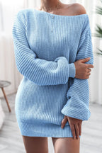 Slouchy Off-Shoulder Ribbed Knit Sweater Dress - WEUXS