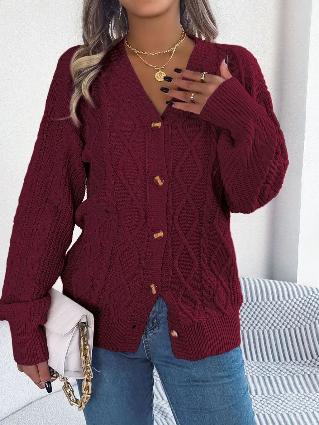 Pink Cable Knit Button Down Cardigan - View 7 | WEUXS