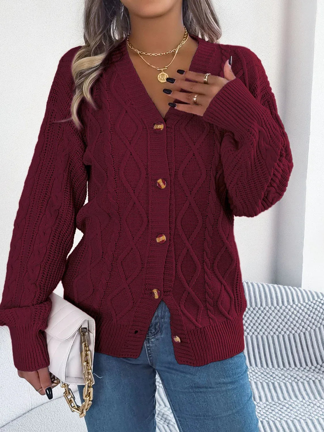 Pink Cable Knit Button Down Cardigan - View 7 | WEUXS