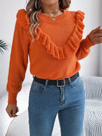 Elegant Gray Ruffle Trim Knit Sweater - WEUXS