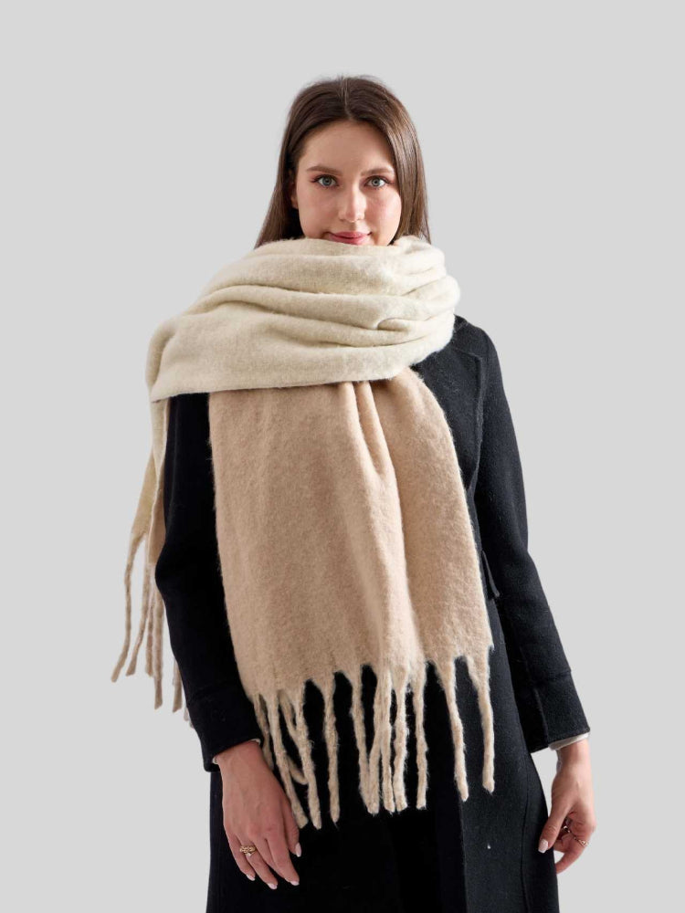 Front view of a woman showcasing a cozy winter scarf