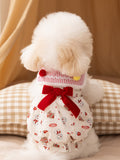 Rear view of a white Bichon Frise dog wearing a white pet garment with a red bow accent and a teddy bear print.