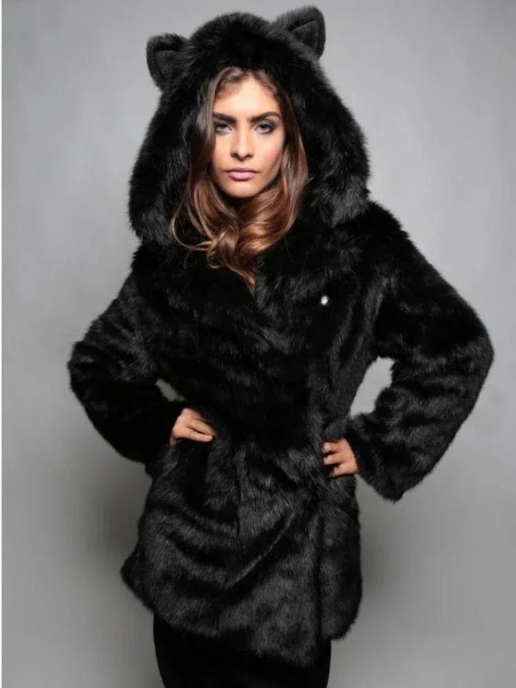 Faux Fur Leopard Print Hooded Coat - View 7 | WEUXS