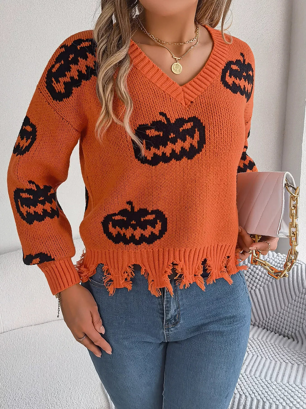 Edgy Distressed Pumpkin Knit Sweater - WEUXS