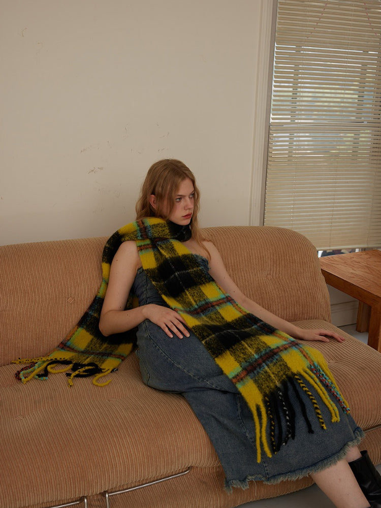 long plaid scarf with fringe in blue and teal - View 8 | WEUXS