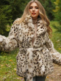 Classic leopard print faux fur coat with belted waist and lapel collar - View 6 | WEUXS