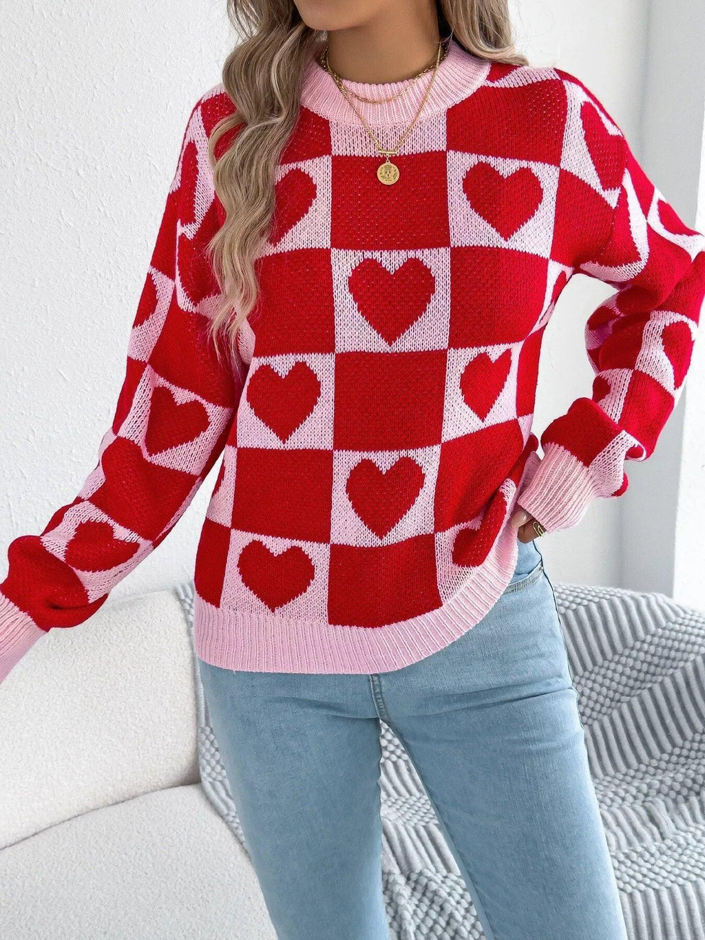 Romantic Red & Black Heart Checkerboard Sweater - WEUXS