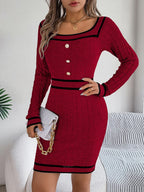 Vintage Red Square Neck Knit Dress - WEUXS