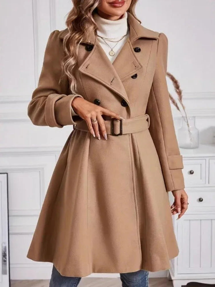 Back view of a camel double-breasted wool blend coat with a belted waist