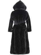 Black hooded long faux fur coat with belt displayed back view
