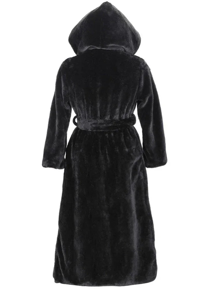 Black hooded long faux fur coat with belt displayed back view