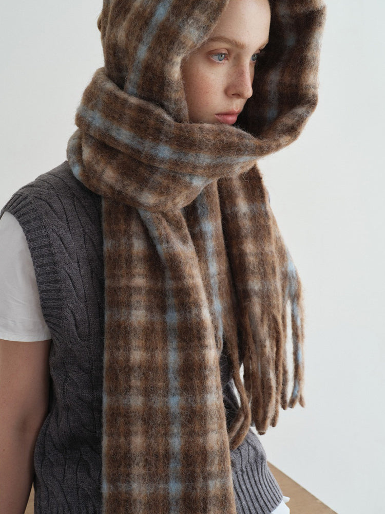 Oversized Plaid Wool Blend Scarf with Fringe - View 9 | WEUXS
