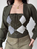 Front view of the dark green argyle knit tube top and bolero set.