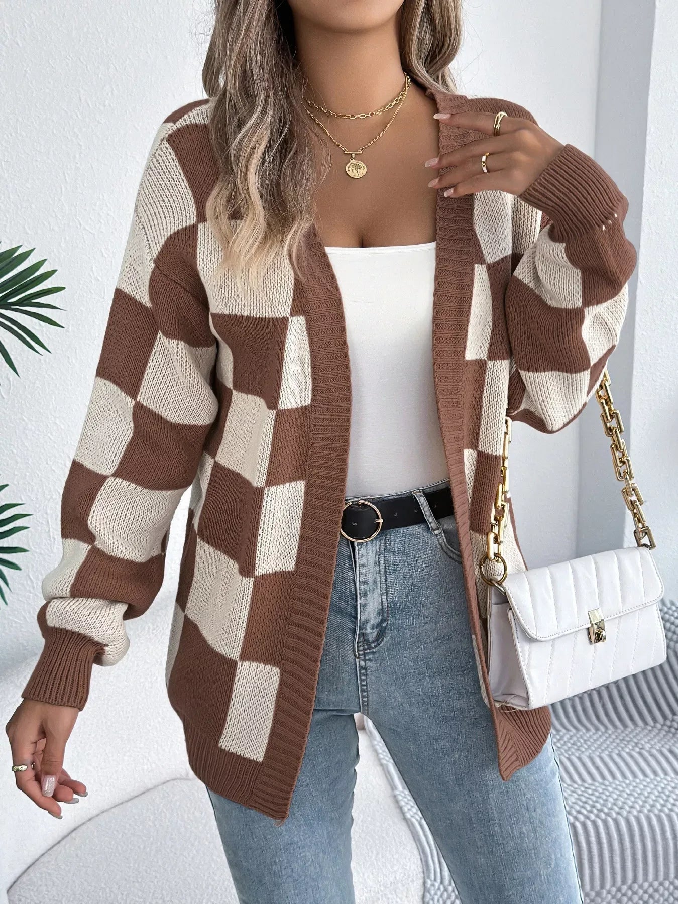 Checkerboard knit cardigan - View 9 | WEUXS