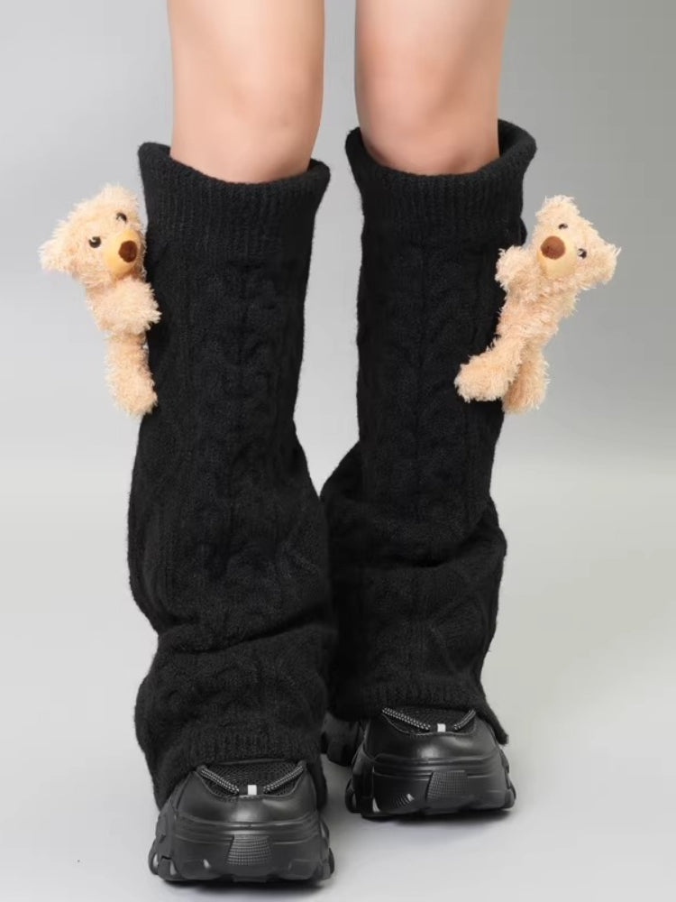Cable knit leg warmers with teddy bear accent - View 6 | WEUXS