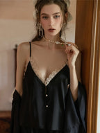 Button-Front Lace Satin Cami & Shorts Set - WEUXS