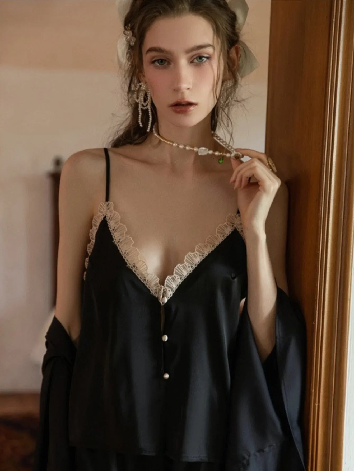 Button-Front Lace Satin Cami & Shorts Set - WEUXS