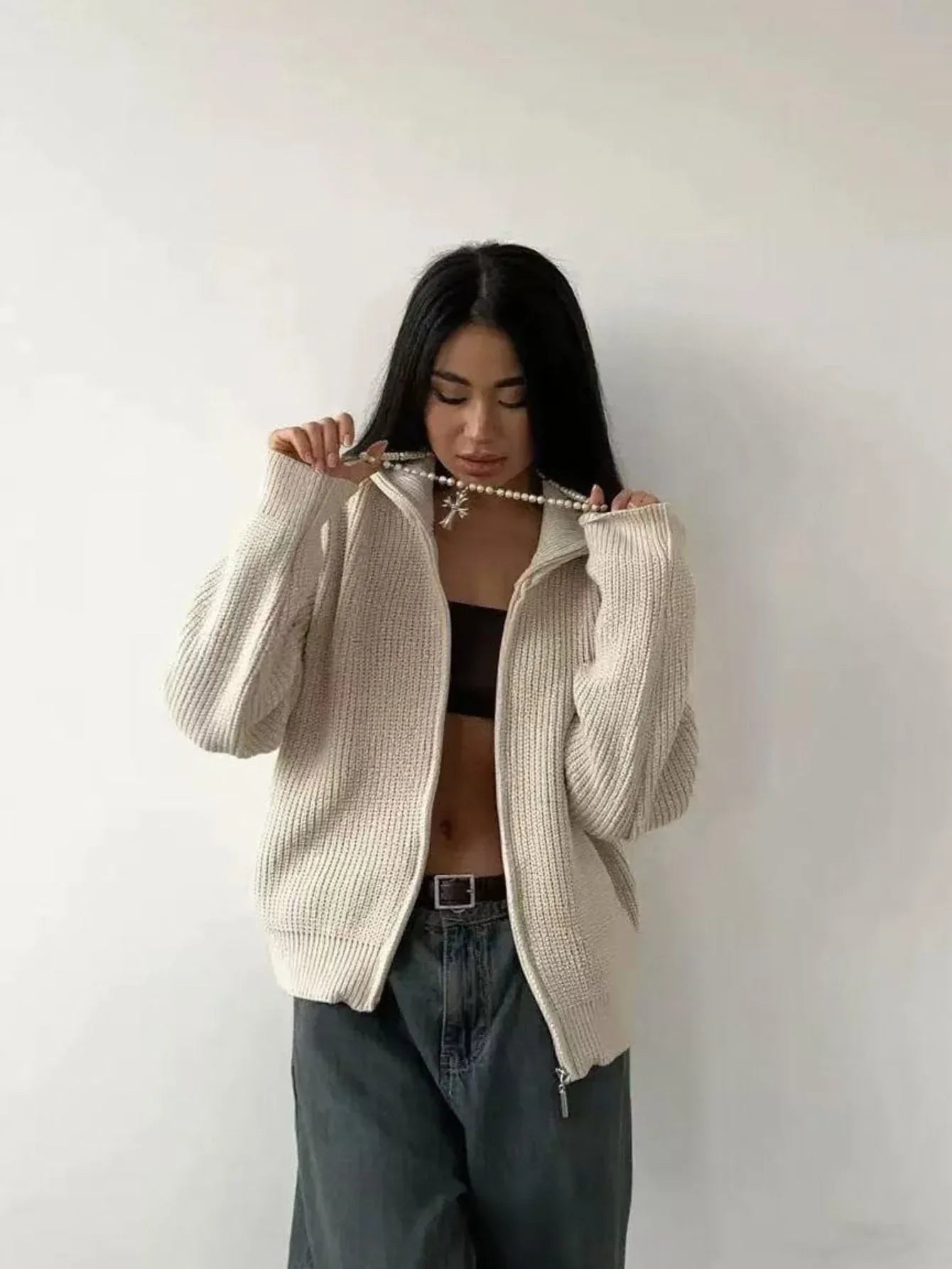 Ribbed knit zip cardigan sweater - View 6 | WEUXS