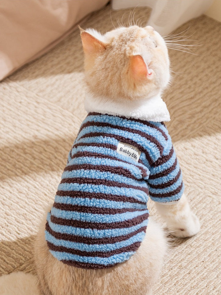 Rear view of a cat wearing a blue and brown striped fleece pet jacket with a white collar and a "Babby & Me" label.