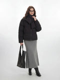Minimalist Matte Black Puffer Jacket with Matching Scarf - WEUXS