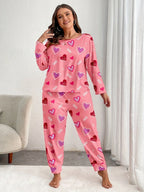 Plus Size Pink Heart Print Jogger Pajama Set - View 12 | WEUXS