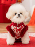 Small white dog wearing a red dog coat with floral embroidery and faux fur trim