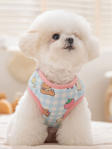 Light blue gingham dog vest with teddy bear and strawberry print, worn by a white bichon frise.