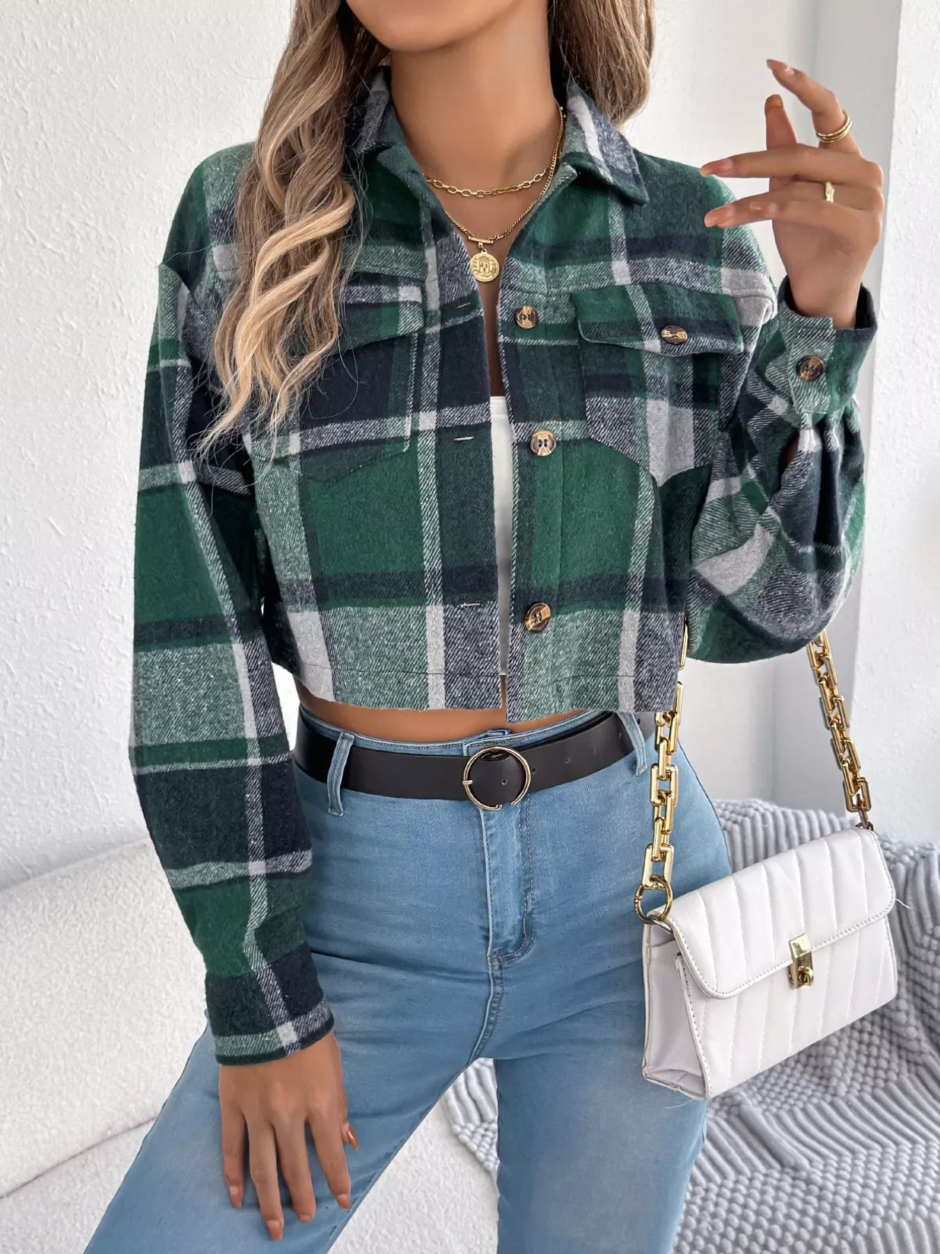 Rust Plaid Cropped Shacket - WEUXS