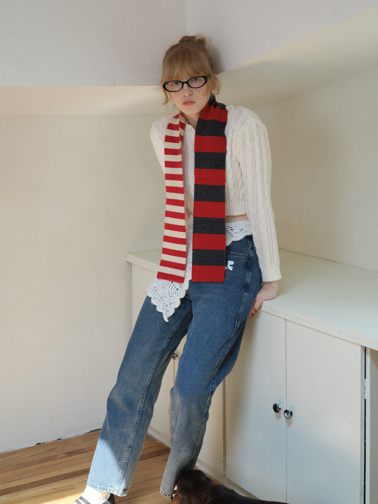 Merino wool skinny scarf with striped design - View 6 | WEUXS