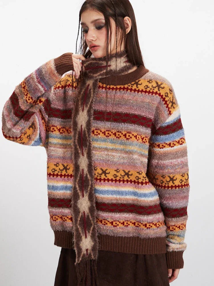Woman adjusting the scarf of her striped turtleneck sweater.
