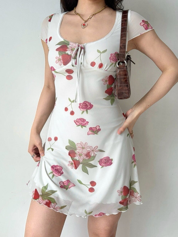 Full body view of the A-line dress with fruit and floral pattern.
