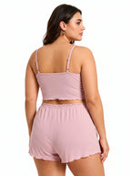 Women's ribbed knit pajama set with spaghetti straps and bow detail - View 7 | WEUXS