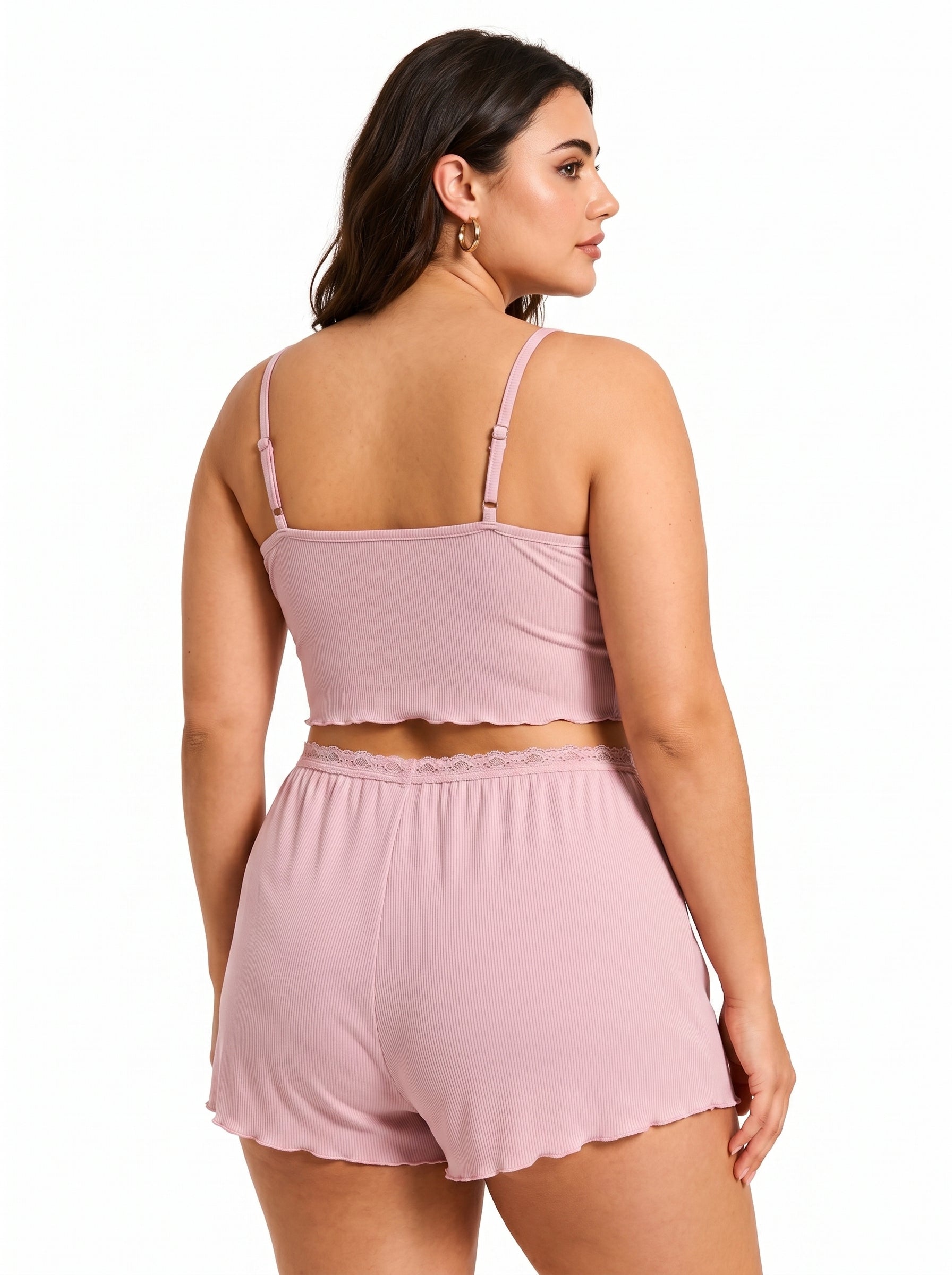 Women's ribbed knit pajama set with spaghetti straps and bow detail - View 7 | WEUXS