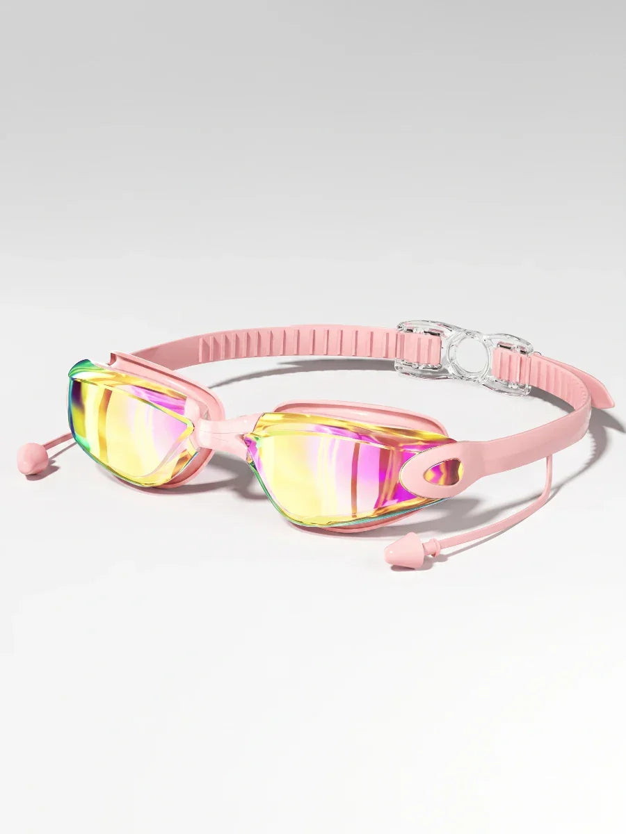 Pink swimming goggles with iridescent mirrored lenses and attached earplugs