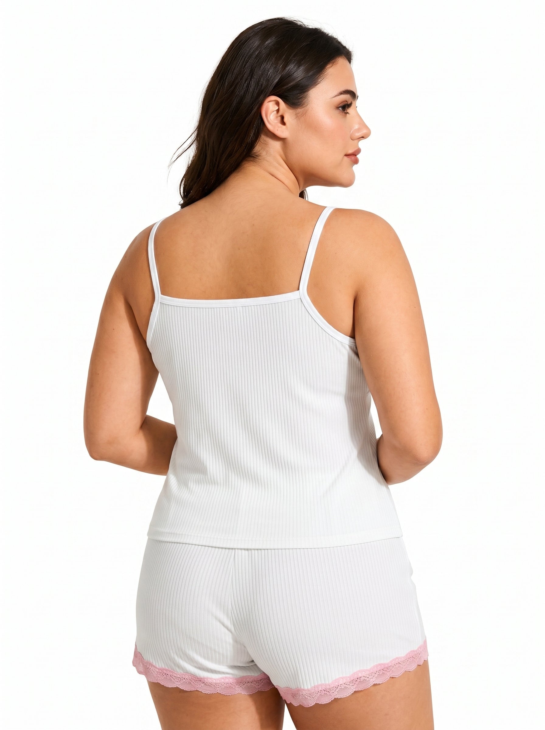 Ribbed Lace Trim Pajama Set - View 7 | WEUXS