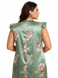 Women's floral print V-neck satin midi nightgown with lace trim and ruffle cap sleeves - View 7 | WEUXS