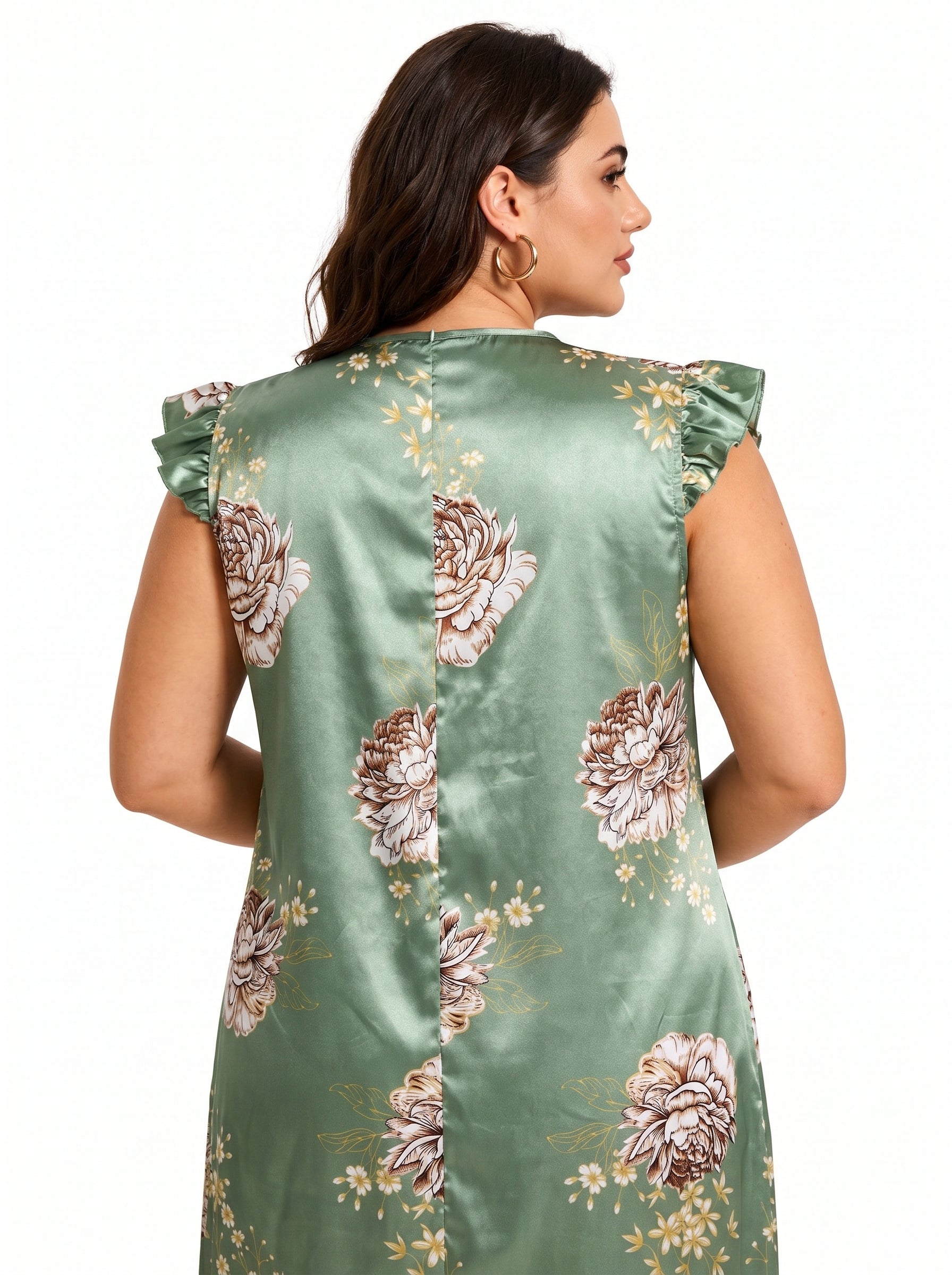 Women's floral print V-neck satin midi nightgown with lace trim and ruffle cap sleeves - View 7 | WEUXS