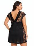 Women's black satin nightgown with V-neck and lace trim - View 7 | WEUXS