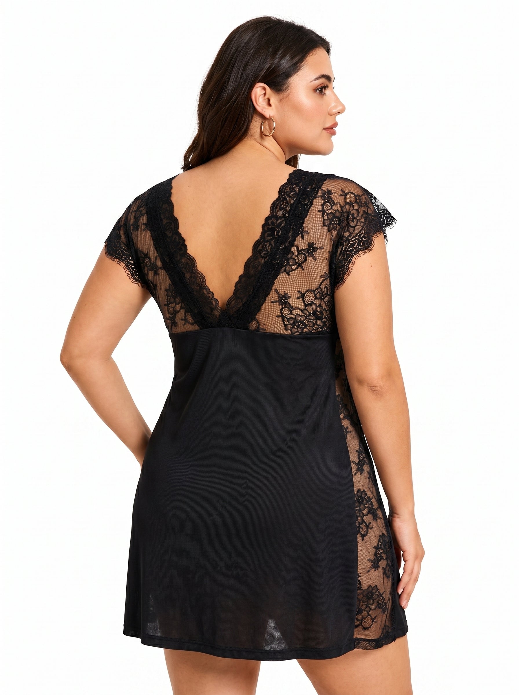 Women's black satin nightgown with V-neck and lace trim - View 7 | WEUXS