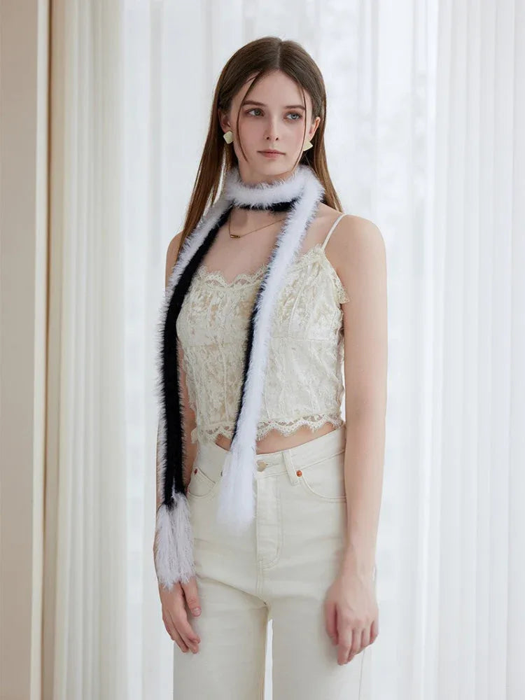 Black & White Faux Mink Skinny Scarf - WEUXS