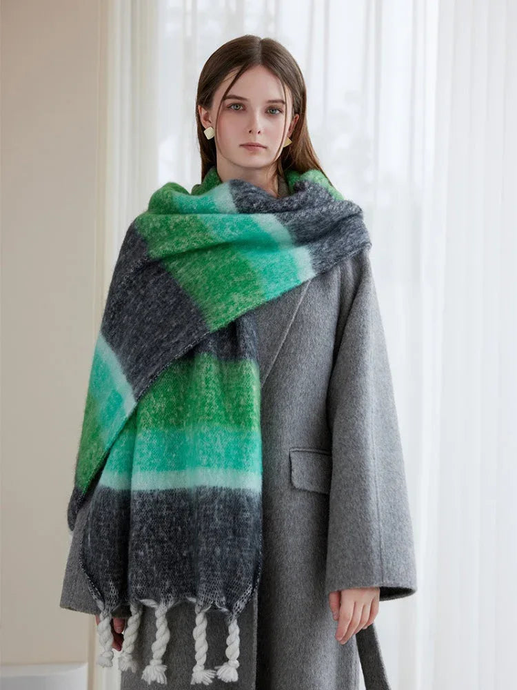 Oversized Monochrome Striped Tassel Shawl - WEUXS