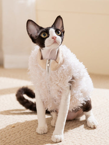 A black and white cat wearing a white faux fur coat with a zipper closure.